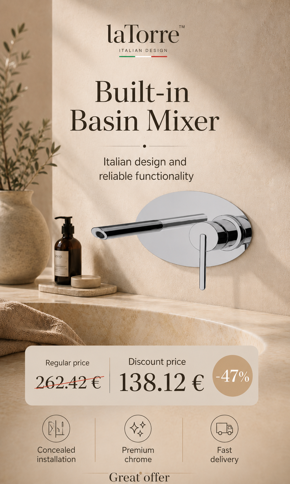 Concealed sink faucet 26200, chrome, OVALINE